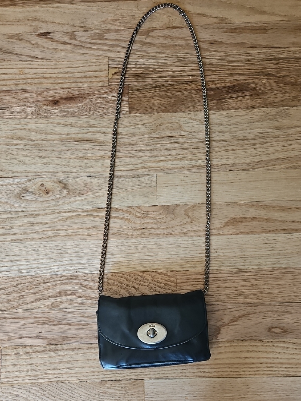 Coach Classic Black Leather Crossbody Bag with Gold-Tone Chain
